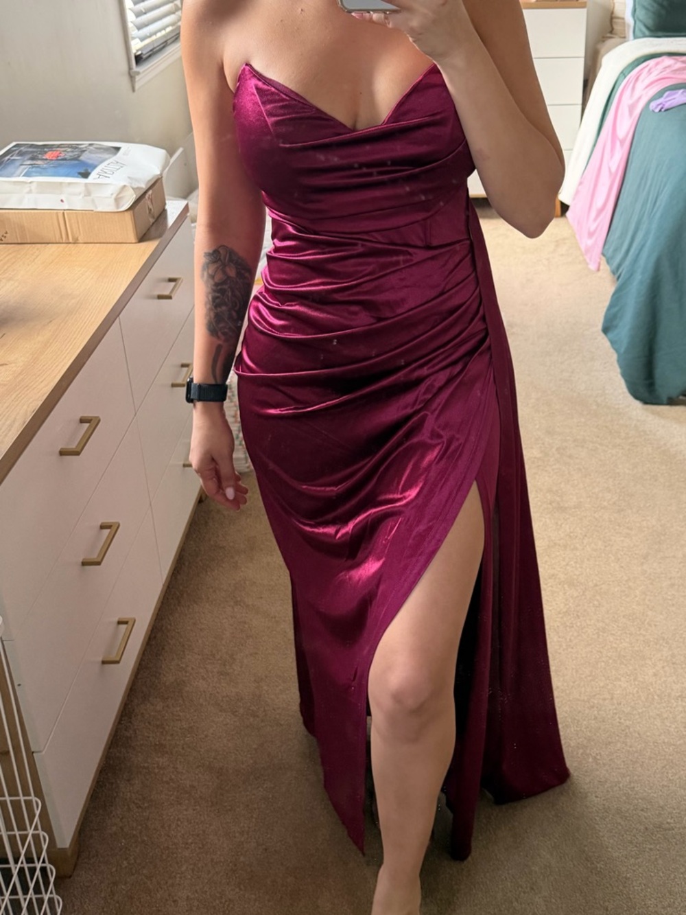 Strapless Satin Burgundy Evening Gown with Side Slit